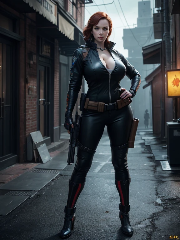 Christina Hendricks as an action hero, alluring 48 year old woman, High-quality facial research of Christina Hendricks, (Christina's sculpted cheekbones and slight wrinkles around the face), High-quality detailed research of Christina Hendricks voluptuous figure. ((aiming at the viewer with a gun)), skin-tight black leather suit, utility belt, two pistols, ((holding a handgun)), (((decent looking gun)))). Whole body, Casual pose, Beautiful pose, (Extremely detailed CG 8k wallpaper), (Extremely delicate and beautiful), (Masterpiece), (Best quality: 1.0), (Ultra-high resolution: 1.0), Beautiful lighting, Perfect lighting, Realistic shadows, [high resolution], Detailed skin, Super detailed (((Colorful))), Digital art, Rainbow Six concept art, full body concept art, Expert concept art with high detail, concept-art, fps game concept art, concept-art, craig mullins style, Video game concept art, 4K, full body portrait
