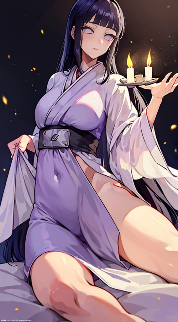 "Generate a digital image that portrays Hinata Hyuga from the anime Naruto in an intimate and suggestive environment. She should be in a dimly lit room., dressed in a light purple silk robe that subtly reveals her curves. Your dark hair should be down and slightly tousled.. Hinata must be looking intensely and with a soft smile., showing confidence and elegance. In the scene, place lit candles that cast flashes of golden light on her pale and delicate skin. The background should be a combination of warm tones that give a cozy and romantic feeling."