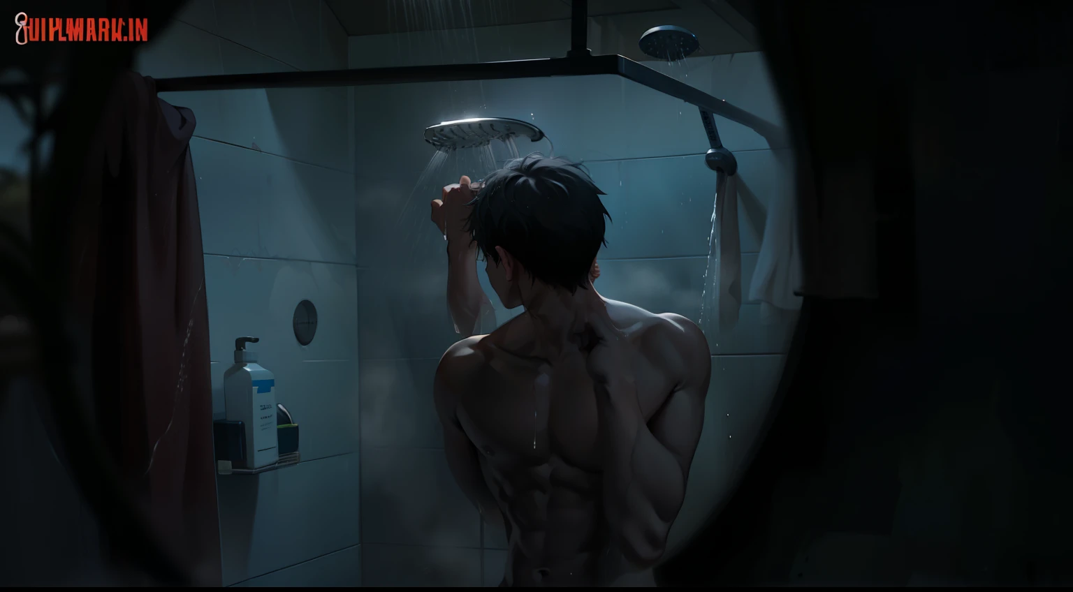 There is a cute young -yeld mawith gray hair in the shower, the water falls on his body, he is on his back.