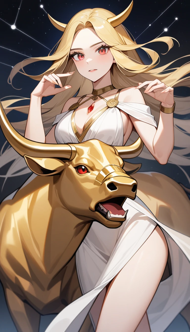 (Huang Li、high quality、Extremely detailed),Constellation - Taurus goddess,Giant golden bull,Woman stroking Taurus,Similar to Latin goodness,brave,capricious,Productivity,The face of enterprising and humanitarianism,Blonde hair,Ancient Greek costumes、Wrap Dress,Background is starry sky,Light crystal red eyes(Eyes Details),Powerful appearance