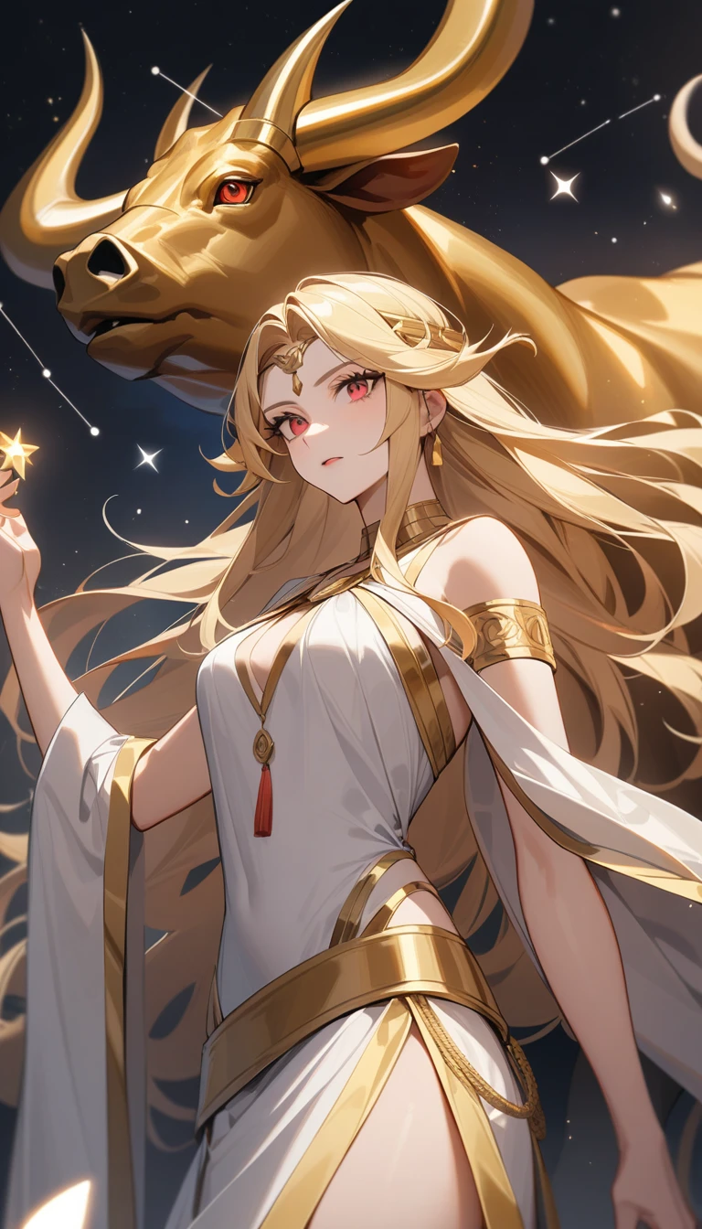 (Huang Li、high quality、Extremely detailed),Constellation - Taurus goddess,Giant golden bull,Woman stroking Taurus,Similar to Latin goodness,brave,capricious,Productivity,The face of enterprising and humanitarianism,Blonde hair,Ancient Greek costumes、Wrap Dress,Background is starry sky,Light crystal red eyes(Eyes Details),Powerful appearance