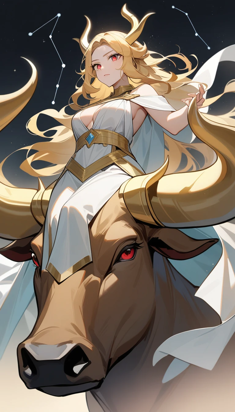 (Huang Li、high quality、Extremely detailed),Constellation - Taurus goddess,Giant golden bull,Woman stroking Taurus,Similar to Latin goodness,brave,capricious,Productivity,The face of enterprising and humanitarianism,Blonde hair,Ancient Greek costumes、Wrap Dress,Background is starry sky,Light crystal red eyes(Eyes Details),Powerful appearance