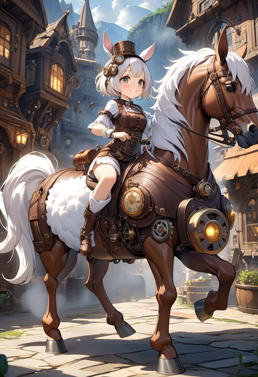 fantasy concept art CG,A girl goes on an adventure riding a steam-powered horse in a steampunk world. ,The girl is an android that runs on steam and has a cute and comical appearance.white fluffy short hair,A brass-colored mechanical body with cute horse ears growing on its head.Horses have a cute comical and friendly appearance.A four-legged white and brass-colored mechanical horse,The fur on its tail is fluffy and steam is emitted from its nostrils.The girl is smiling and looking out over the world of steam from a horse, in a steampunk style Many villages are made up of brass-colored houses.There is a steampunk-style castle on the other side of a distant mountain.Steam is blowing out from everywhere in the village.The idyllic atmosphere of the village,Vibrancy like civilization and enlightenment,A cute depiction of the girl's mechanism,Perfect way to ride a horse,movie-like lighting,studio lighting,(High quality, high precision, masterpiece, 4k, 8k, :1.2)ultra detail , ultra-fine painting,physically based lettering,android