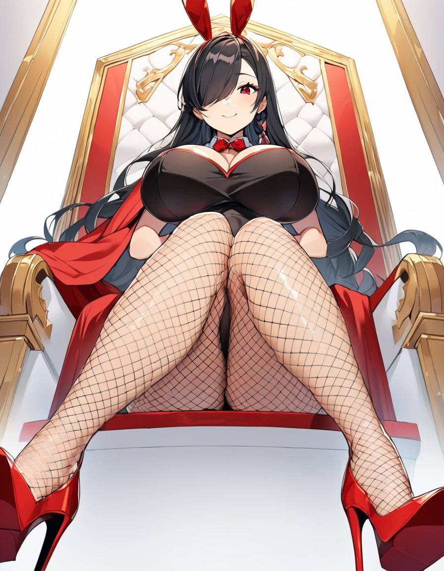 1woman,solo,25 years old,black-hair,long-wavy-hair,shiny-hair,hair-over-one-eye,side-braid,scarlet-eyes,huge_breasts,tall-stature, voluptuous,wide_hip,bunny_costume,fishnet_pantyhose,red_high_heels,red_royalty_long_cape,sitting and crossed legs on the throne,smile,looking_at_viewer,straight-on,(from_below:1.8),