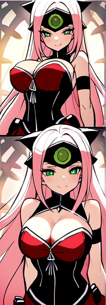 tmasterpiece， Best quality at best， 1girll， Sakura Haruno， Large breasts，Off-the-shoulder attire，（cleavage)，（upperbody closeup)，Raised sexy，is shy，ssmile，with pink hair， long whitr hair， （Green eyeballs:1.4)， Forehead protection， the cherry trees，Cherry blossoms flying，Red clothes，Zipper half