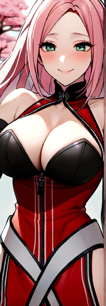 tmasterpiece, Best quality at best, 1girll, Sakura Haruno, Large breasts,Off-the-shoulder attire,(cleavage),(upperbody closeup),Raised sexy,is shy,ssmile,with pink hair, long whitr hair, (Green eyeballs:1.4), Forehead protection, the cherry trees,Cherry blossoms flying,Red clothes,Zipper half