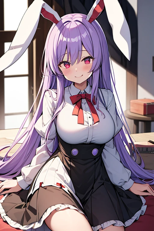 score_9, score_8_up, score_8, score_9, 1 girl,  source_anime,  reisen udongein inaba, purple hair, red eyes, rabbit ears, rabbit girl, long hair, portrait, white shirt, red necktie, sitting table, eatting sundae