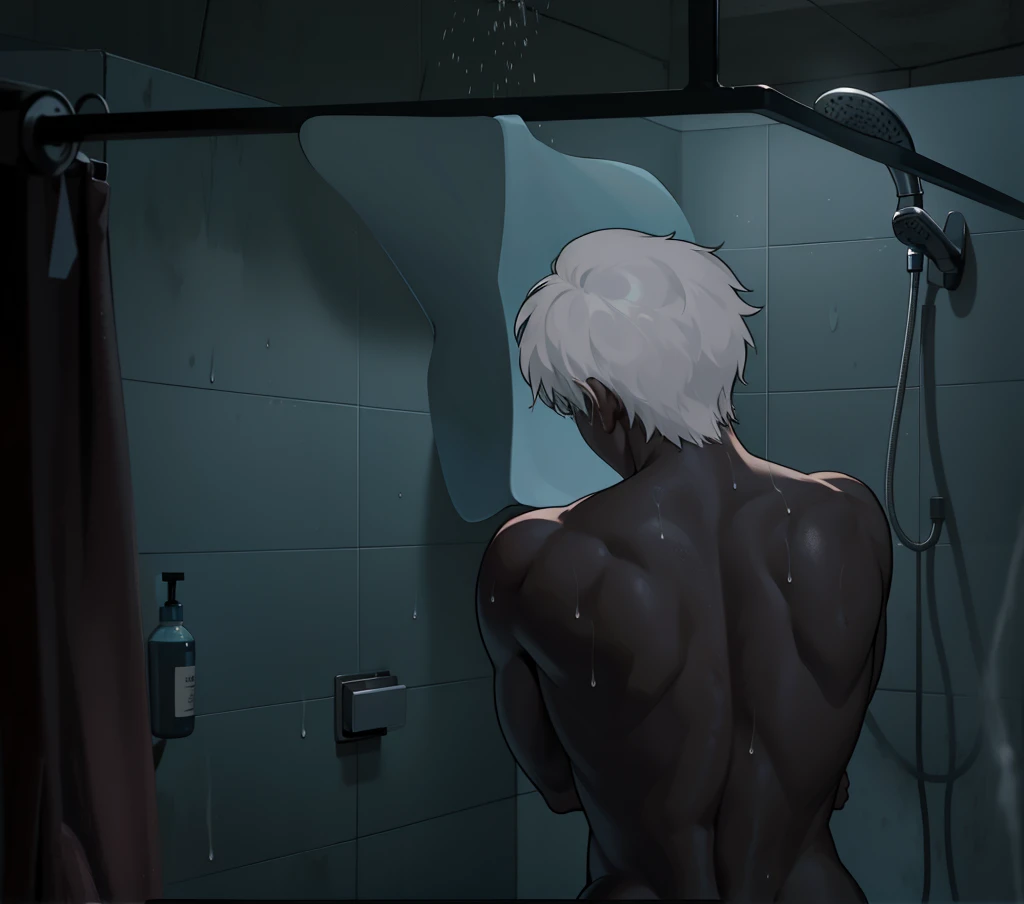 A 17-year-old gray-haired male is on his back. In the shower, the water falls on his body. He is on his back.