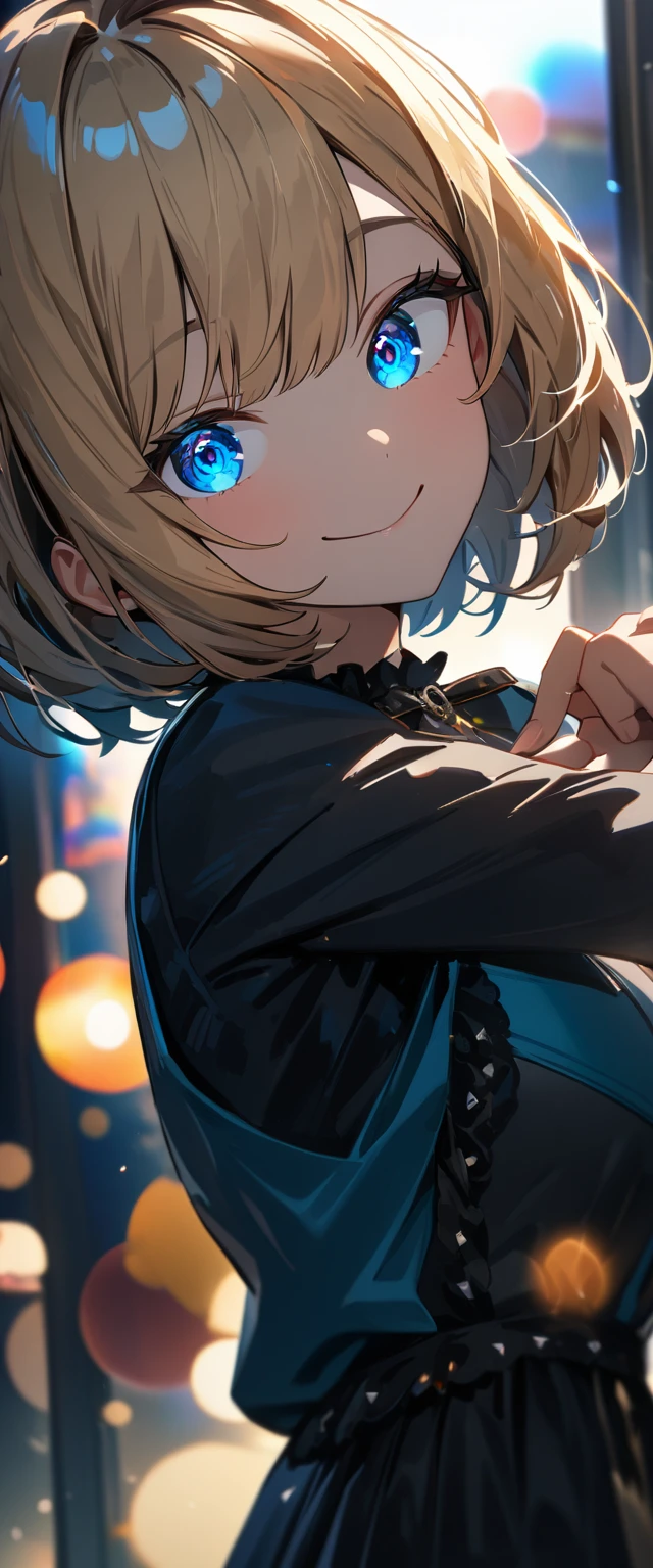 (((One girl))), blond hair, bob cut, breasts, from side, (cowboy shot), (looking at viewer), ((black hot pants)), ((black virgin killer sweater)), face in focus, teenager, head tilt:1.3, (((blue eye))), ((happy smile)), ((blush)), ((own hands together)), anime style, (best quality, 4k, 8k, highres, masterpiece:1.2, ultra-detailed, ultra-detailed eyes, HDR, UHD, studio lighting, ultra-fine painting, sharp focus, physically-based rendering, extreme detail description, professional, vivid colors, bokeh)