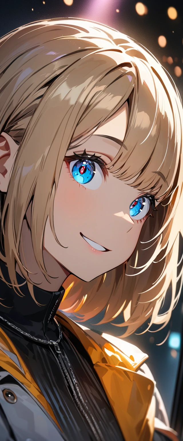 (((One girl))), Shibuya, blond hair, bob cut, ((face in focus)), (looking at viewer), breasts, ager, head tilt:1.3, (((blue eye))), constricted pupils, (from side:1.3), reaching, ((happy smile)), gothic loli.3, anime style, (best quality, 4k, 8k, highres, masterpiece:1.2, ultra-detailed, ultra-detailed eyes, HDR, UHD, studio lighting, ultra-fine painting, sharp focus, physically-based rendering, extreme detail description, professional, vivid colors, bokeh)