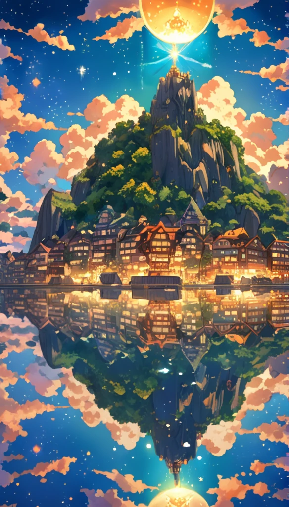 Fantastic World、Highly detailed anime-style still images, Ghibli Studio Style, masterpiece, Official Art, Professional, ((Very detailed)), 8K,
A sparkling city, crystallization, Reflective surface, Prism light effect, The setting is a floating island surrounded by a starry sky..people々I live in