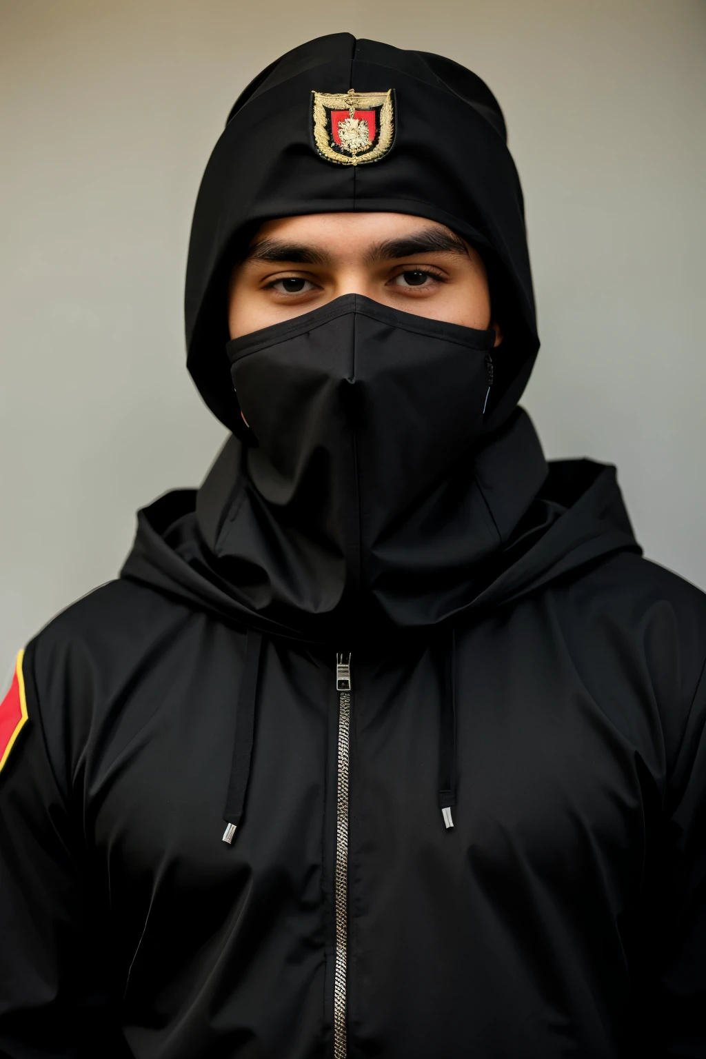 Make me a man character from a video game dressed in black dressed in black and black scarf covering the nose and mouth