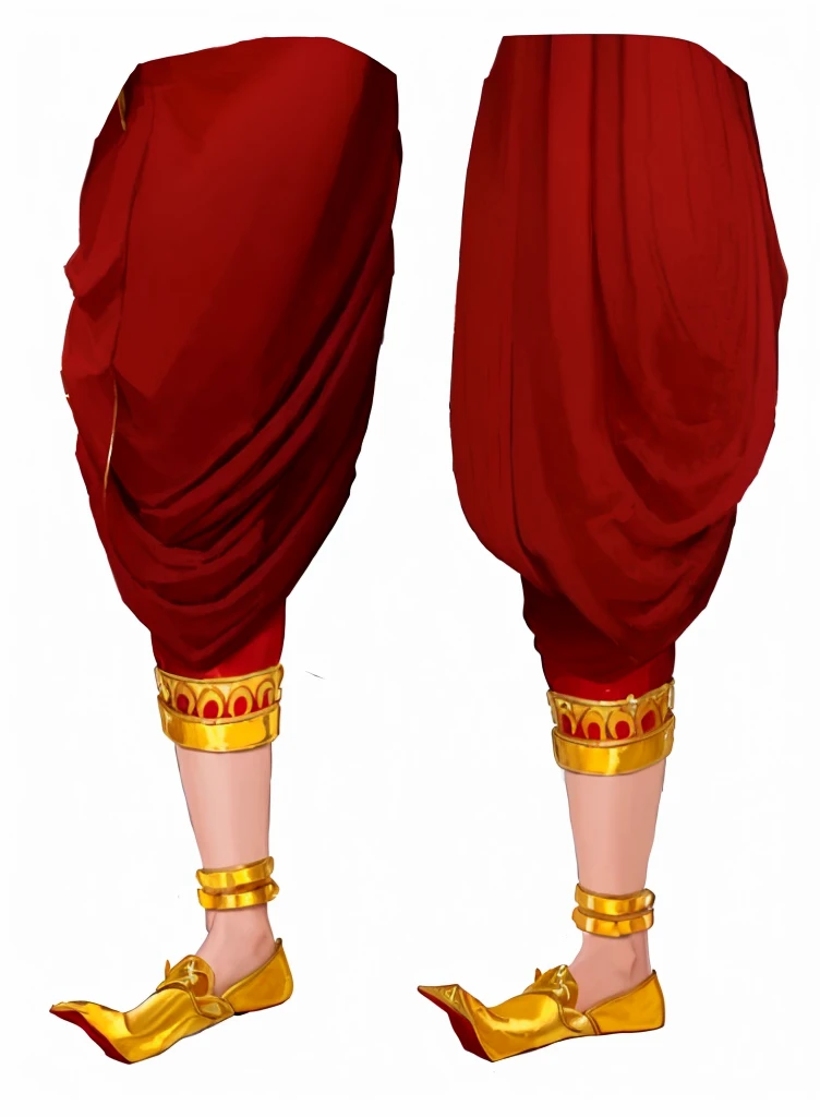 a close up of a pair of feet with red pants and gold shoes, red and gold sumptuous garb, idian dress, wearing red and yellow clothes, inspired by Saurabh Jethani, sari, wearing gilded red robes, distant full body view, wearing sari, wearing gilded red royal robes, full body close-up shot, multilayered outfit