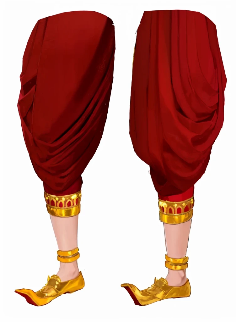 a close up of a pair of feet with red pants and gold shoes, red and gold sumptuous garb, idian dress, wearing red and yellow clothes, inspired by Saurabh Jethani, sari, wearing gilded red robes, distant full body view, wearing sari, wearing gilded red royal robes, full body close-up shot, multilayered outfit