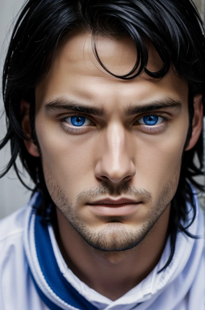 White guy. Black hair. Big blue eyes. 