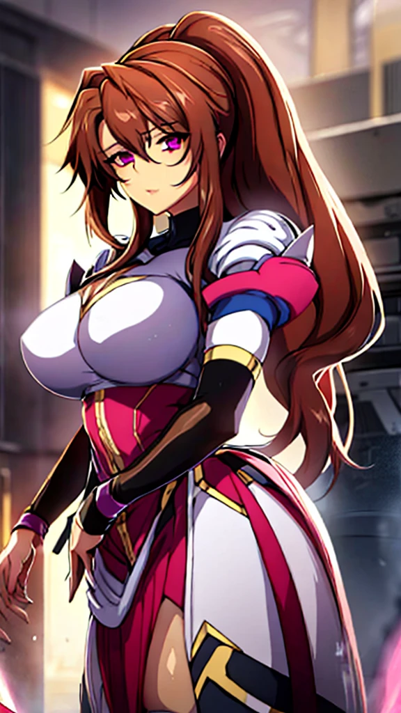 High detailed, 1 girl, cinnamon-brown hair, large ponytail, detailed pink eyes, confident expression, confident smile, busty, round buson, plump body, purple sattela's clothes, pink sattela's skirt, mecha weapon, large white highsocks