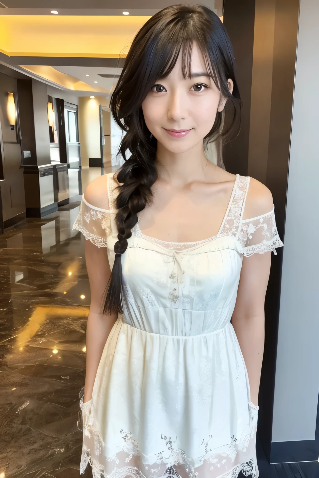 A Japanese woman, {30|40} years old, 1girl, cute face, slight smile, ((detailed face, detailed eyes)), black {short|braid} hair, medium breasts, very thin waist, correct human body structure, White see-through flowery Calais lace mini dress in a hotel lobby, (full body photo),