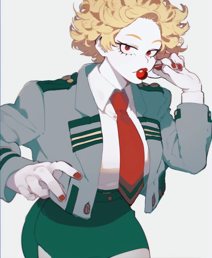 score_9_up, score_8_up, score_7_up, cowboy shot, 1girl, \(boku no hero academia\), White skin, Short curly hair, Red eyes with long eyelashes, Round cherry lips, Large breasts, Wide hips, Nail clothes, Gray jacket with red tie, Dark green skirt
, source_anime, anime style, hand perfect