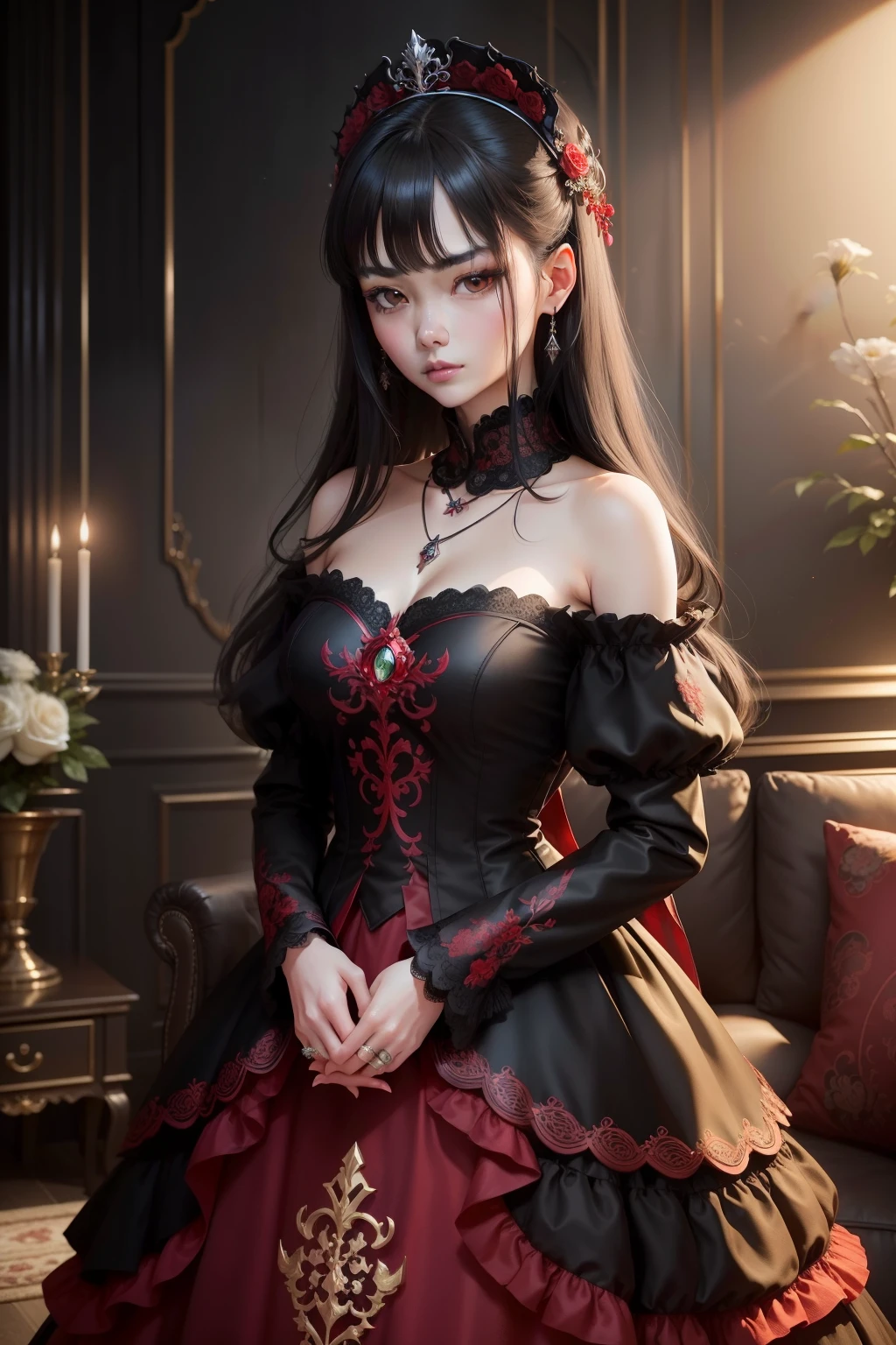 best qualityer, high resolution, work of art: 1.3), a tall and beautiful Korean woman, (medium black hair: 1.2), wearing pendant, pouf dress, black and red wedding dress fashion dress design "high-fashion" charming fairy fantasy fantastic theme black embroidery with some ruby red details embroidered ruffles, red and black, Tiered. Dark mode of Tiered, Tiered, Tiered, evil, stele, moonligh, fog and wind, without any pose, standing (the background is in the living room at home), beautifully presented details in face and skin texture, detailedeyes, Double eyelids, very cold face