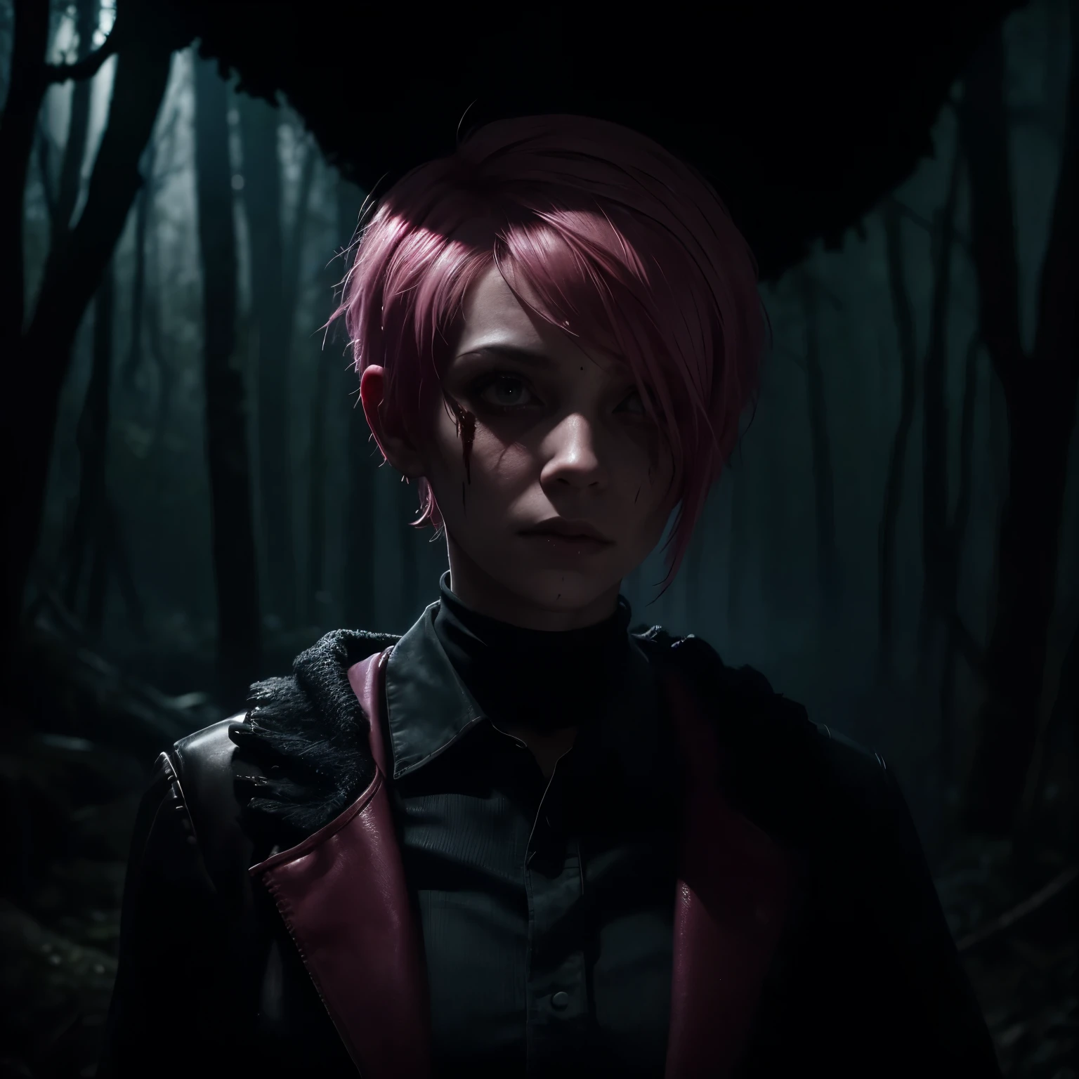 woman with short pink hair with dirty highlights in the middle of a dense forest at night, portraite, dark scenery, horror style, nightmarish, macabre dinner, horror film, scared character, twisted and otherworldly forest, blood-stained character, moonless night, desolate and destroyed place, apocalypto