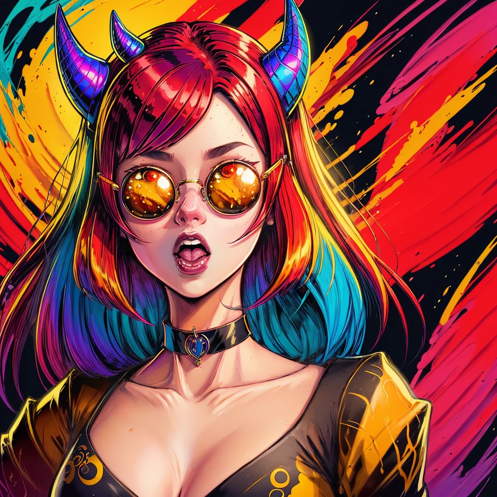 by Bruno Ferreira, a woman with red hair and yellow glasses with horns on her head, wearing a black choker, open mouth 、Pop Japonism 3d Ultra Detailed, cinema 4d colorful render, 3D illustration, 3D illustration, colorful illustration, Digital Art. colorful comic, Vivid cartoon colors, colorful explosion, colorful digital painting, colorfull illustration, colorful! Character Design, Splashes of color