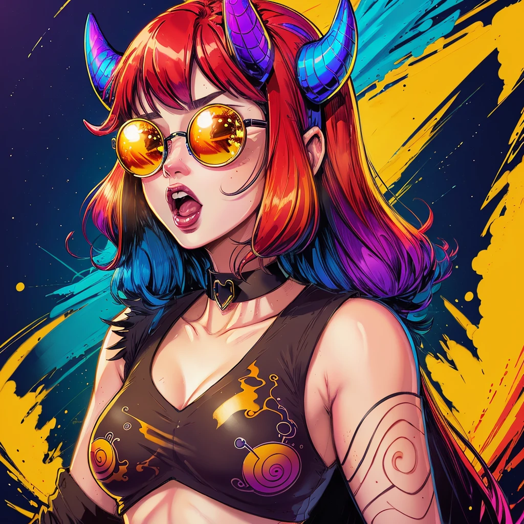 by Bruno Ferreira, a woman with red hair and yellow glasses with horns on her head, wearing a black choker, open mouth 、Pop Japonism 3d Ultra Detailed, cinema 4d colorful render, 3D illustration, 3D illustration, colorful illustration, Digital Art. colorful comic, Vivid cartoon colors, colorful explosion, colorful digital painting, colorfull illustration, colorful! Character Design, Splashes of color