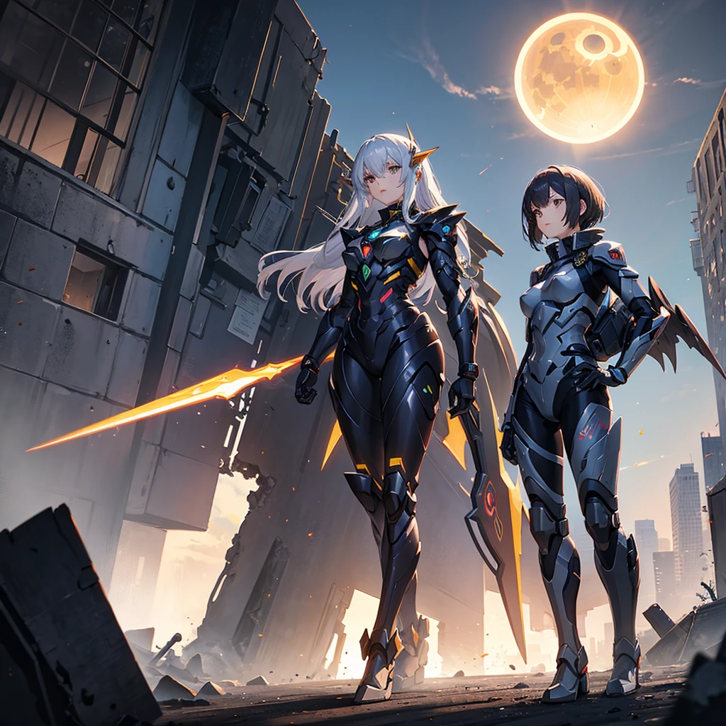 female mecha angel, in black armor, in a destroyed city with an eclipse in the background