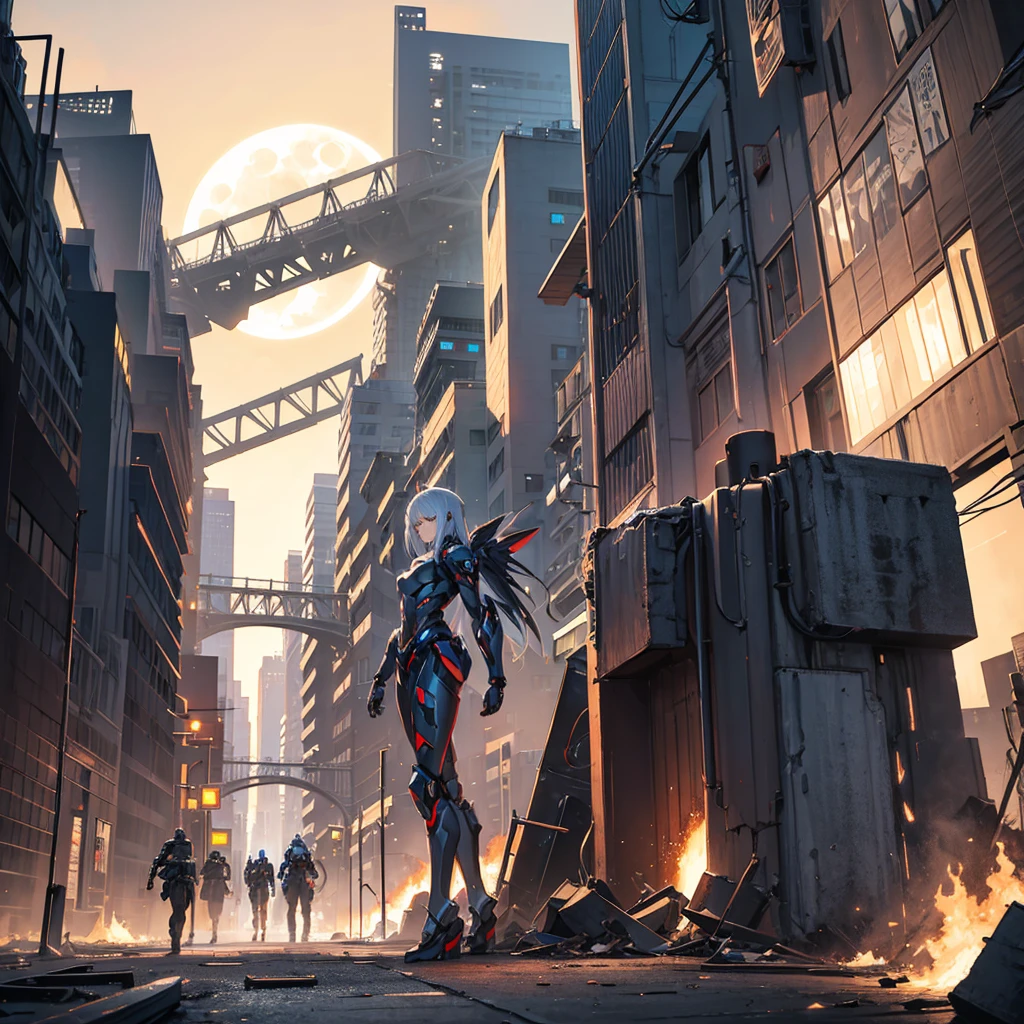 female mecha angel, in black armor, in a destroyed city with an eclipse in the background