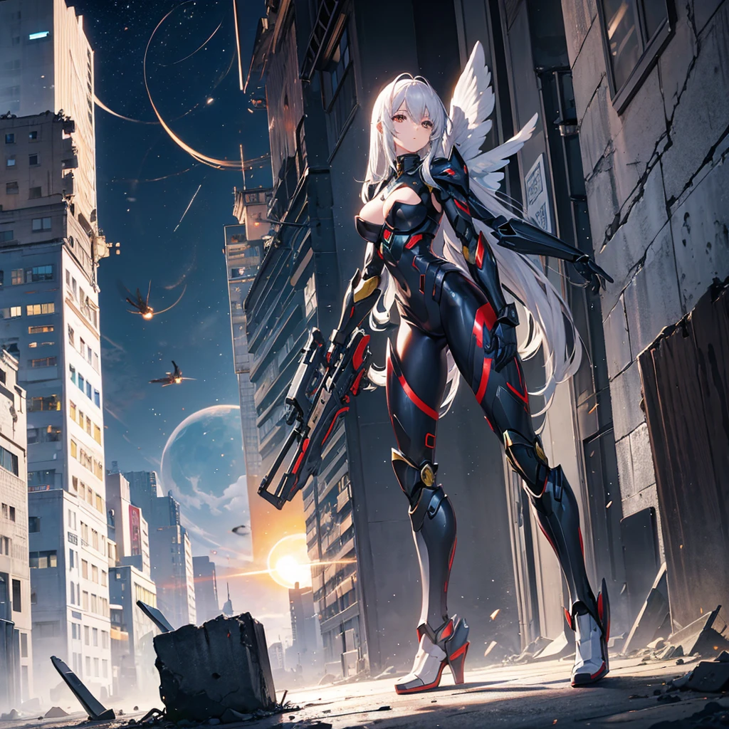 female mecha angel, in black armor, in a destroyed city with an eclipse in the background