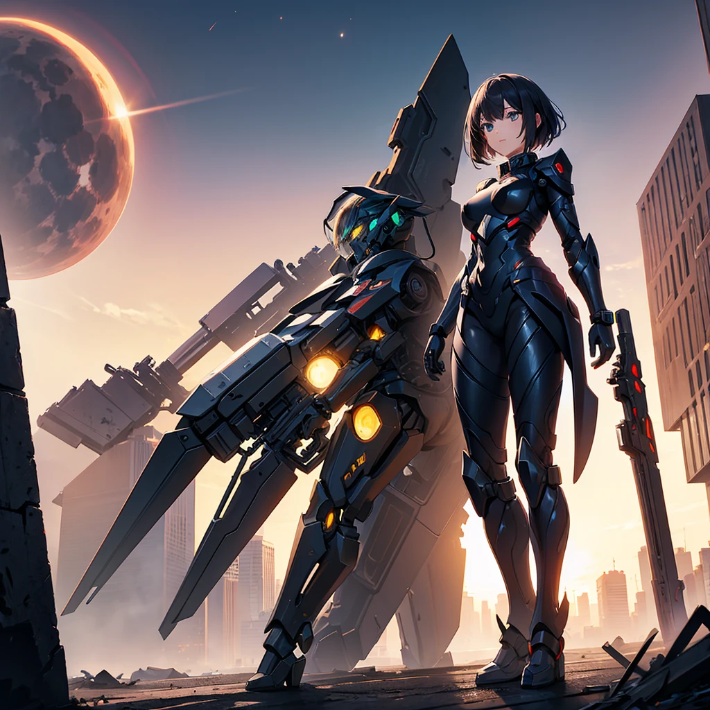 female mecha angel, in black armor, in a destroyed city with an eclipse in the background