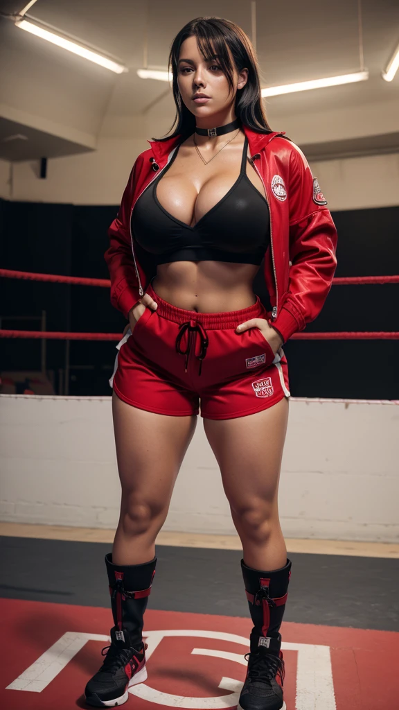 18 years old sporty woman, red shorts, red open jacket, black micro bra, fighting pose, curvy body, slim waist, large breasts, thick bust, thick thighs, full body, bob length hair, sweating, in boxing ring, black boots, choker necklace, nsfw