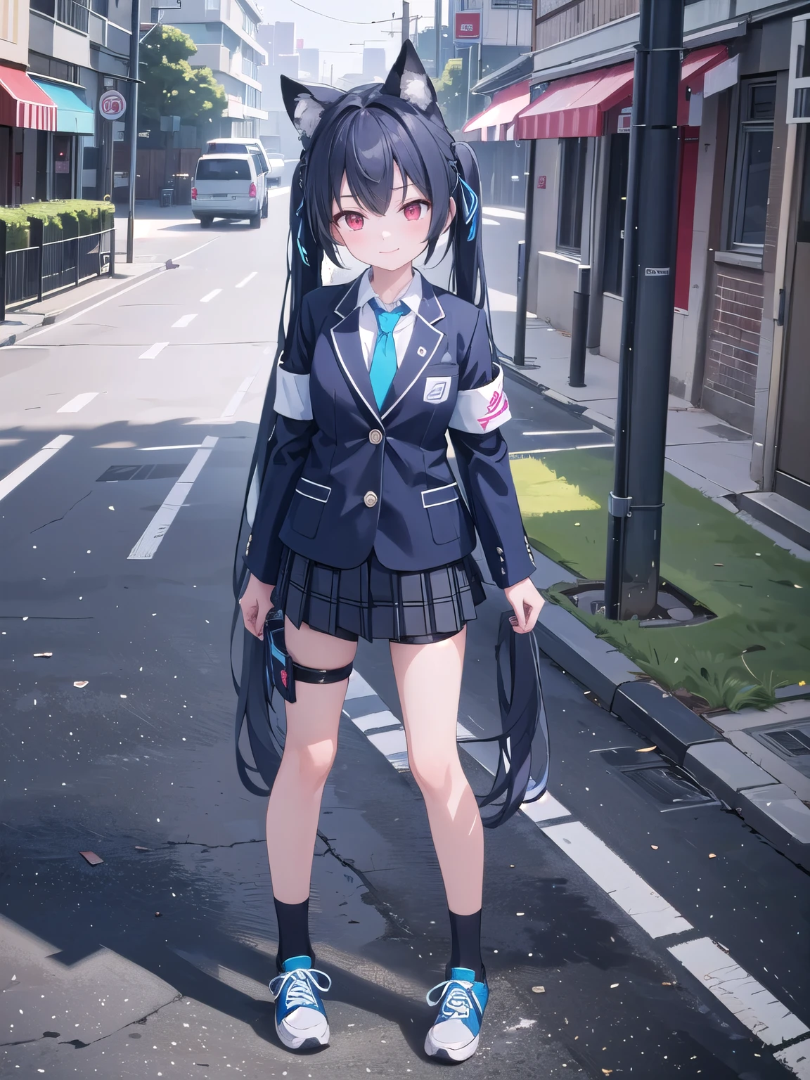 Masterpiece, hd, solo, 1girl, full body, looking at viewer, smile, standing, baserika, twintails, long hair, red eyes, hair ribbon, collared shirt, blue necktie, blazer, armband, plaid skirt, single knee pad, bike shorts, shorts under skirt, sneakers, outdoor 