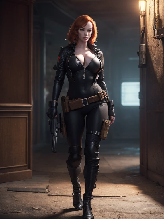 Christina Hendricks as an action hero, alluring 48 year old woman, High-quality facial research of Christina Hendricks, (Christina's sculpted cheekbones and slight wrinkles around the face), High-quality detailed research of Christina Hendricks voluptuous figure. ((aiming at the viewer with a gun)), skin-tight black leather suit, utility belt, two pistols, ((holding a handgun)), (((decent looking gun)))). Whole body, Casual pose, Beautiful pose, (Extremely detailed CG 8k wallpaper), (Extremely delicate and beautiful), (Masterpiece), (Best quality: 1.0), (Ultra-high resolution: 1.0), Beautiful lighting, Perfect lighting, Realistic shadows, [high resolution], Detailed skin, Super detailed (((Colorful))), Digital art, metal gear solid concept art, full body concept art, Expert concept art with high detail, concept-art，fps game concept art, concept-art, craig mullins style, Video game concept art, 4K, full body portrait
