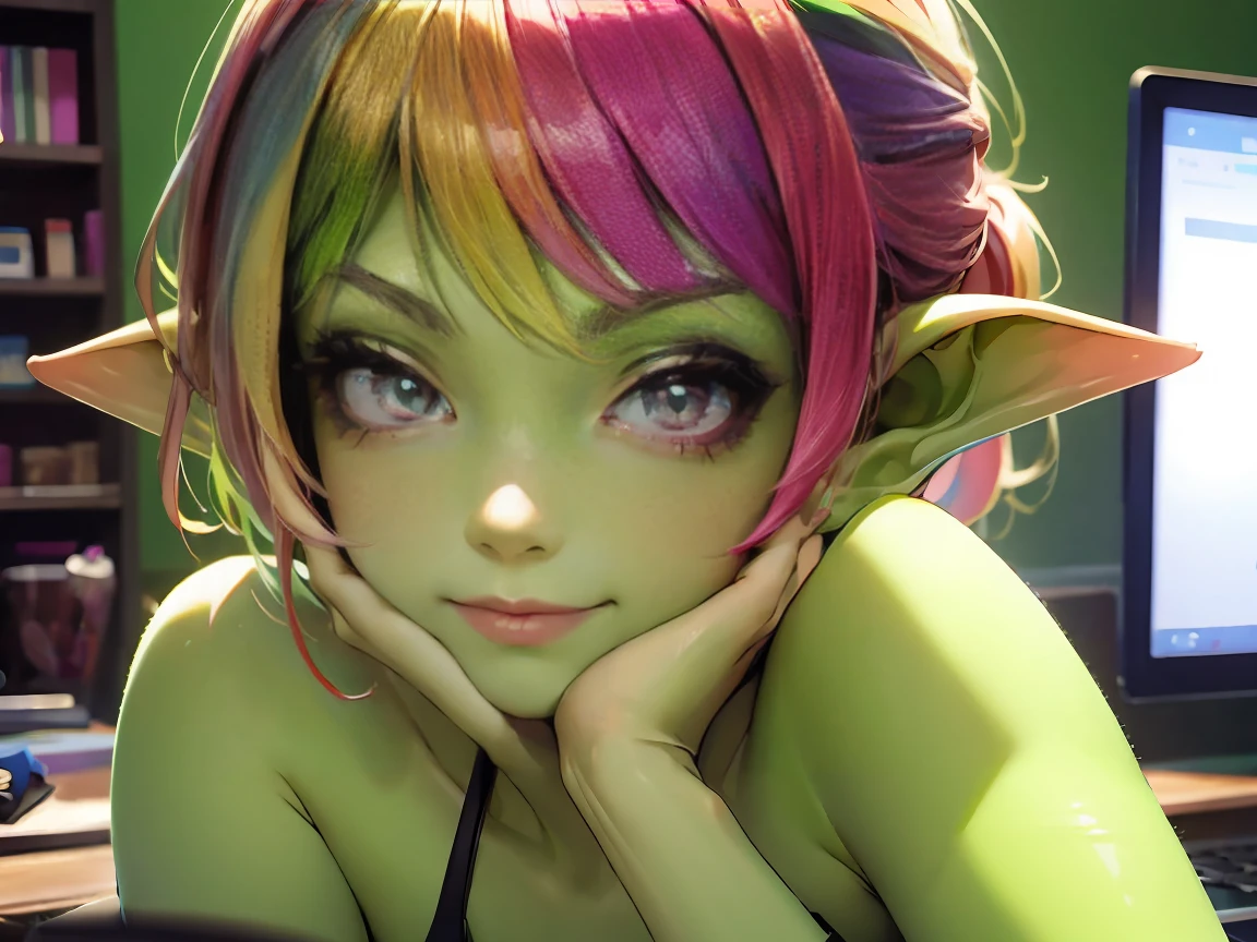 1 girl, short hair, green goblin girl, green skin, small pointy ears, (rainbow hair), wearing awesome clothes, smiling, makeup streamer, livestreaming, makeup tutorial, ring light, at her computer, doing her makeup, wearing makeup