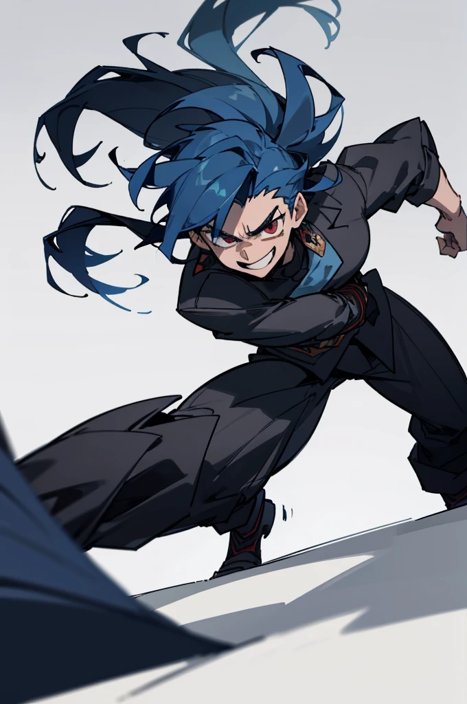 (Male), man, masculine, muscular, , uniform, brown and black uniform, excited, fighting stance, high quality, simple background, smiling, sharp eyes, dark red eyes, deep blue hair, fighting position, guy, dude, tall, long hair, blue hair, dark blue hair, ((masterpiece:1.2)).