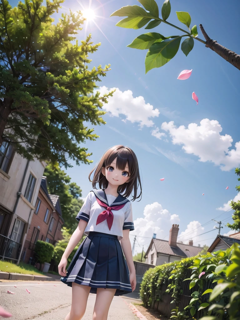 (masterpiece),  town,  blue sky,  One Girl,  smile,  alone,  Sailor suit、Long skirt,  Overgrown,  petal,  plant、Skirt lining、Translucent slip、Nostalgic、Strong winds、Skirt fluttering in the wind