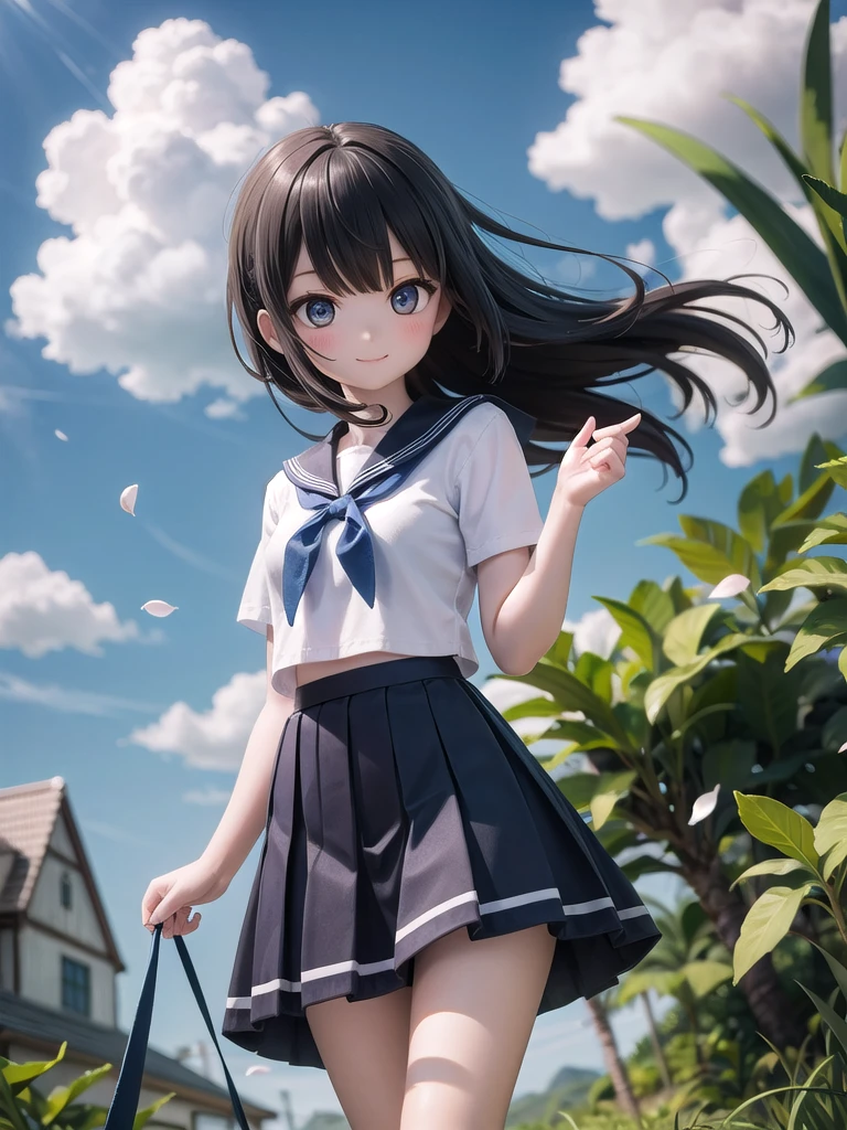 (masterpiece), town, blue sky, One Girl, smile, alone, Sailor suit、Long skirt, Overgrown, petal, plant、Skirt lining、Translucent slip、Nostalgic、Strong winds、Skirt fluttering in the wind