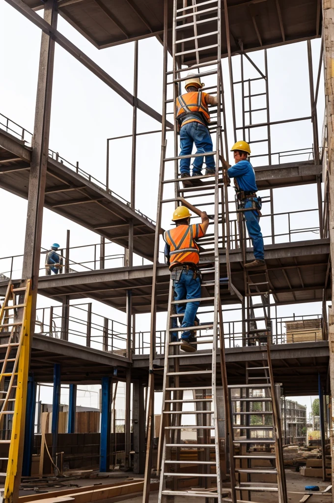 Workers are working hard together to build a ladder for success
