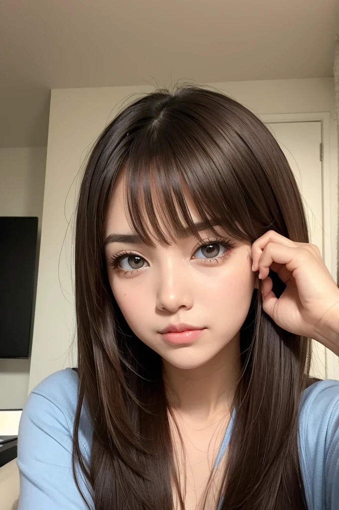 Create an Inside Out emotion. Big straight hair brown eyes slim