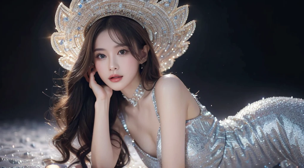 4K Ultra HD, masterpiece, 1 girl in a beautiful crystal dress, Beautiful Face, Fine grain, Detailed Hair, Glossy Lips, Crystal Dress Blue, Strap Dresses (Shiny Dress:1.5), Background of the legend, Dark Shadows, 3D Blur Background, Attractive pose,18 years old,((Large Breasts)),Japanese