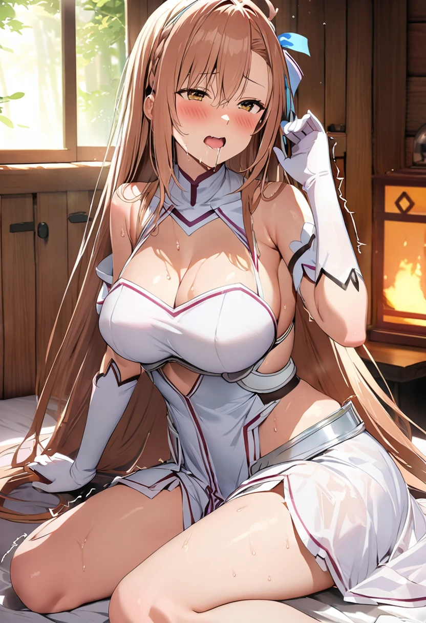 ((masterpiece)), Highest quality, Very detailed,(One Girl),Yuki Asuna、Asuna (Stay),  Bare shoulders, chest当て, armor, Removable sleeves, gloves, white gloves, dress, white dress, Long Hair,Beautiful background ,clothing,  chest, Bent body,Lie in, Look to the side, Worried face, Drunk look, Hot body、Sweaty、Spread your legs, (手でchestを揉みながら指で乳首を弄る), (Playing with female genitals with fingers),  (((Huge cock in front of my face))), Clear your throat and take a breath., NSFW, (((Trembling Body:1.5))), (Squirting climax), (((Excited))), (((In the heat))), (Drooling), Log cabin bedroom in a coniferous forest, On a bed with white sheets, 