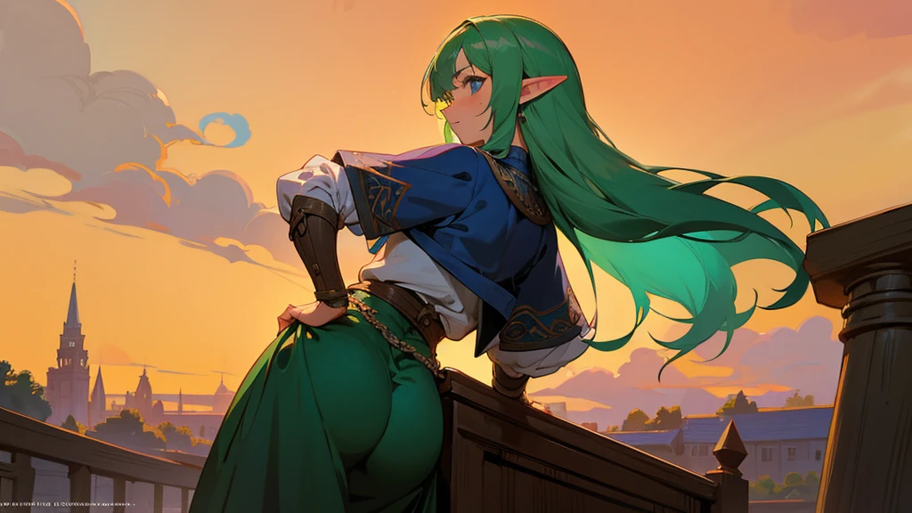 Anime Style,Nostalgic,Detailed background,The medieval world,A lively bar with lots of people,Beautiful sky,A beautiful bard elf girl looking back at me,Protruding buttocks