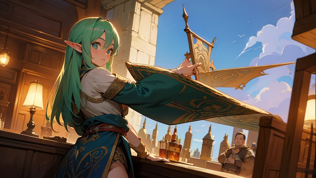 Anime Style,Nostalgic,Detailed Celtic background,The medieval world,A lively bar with lots of people,Beautiful sky,A beautiful bard elf girl looking back at me,Protruding buttocks