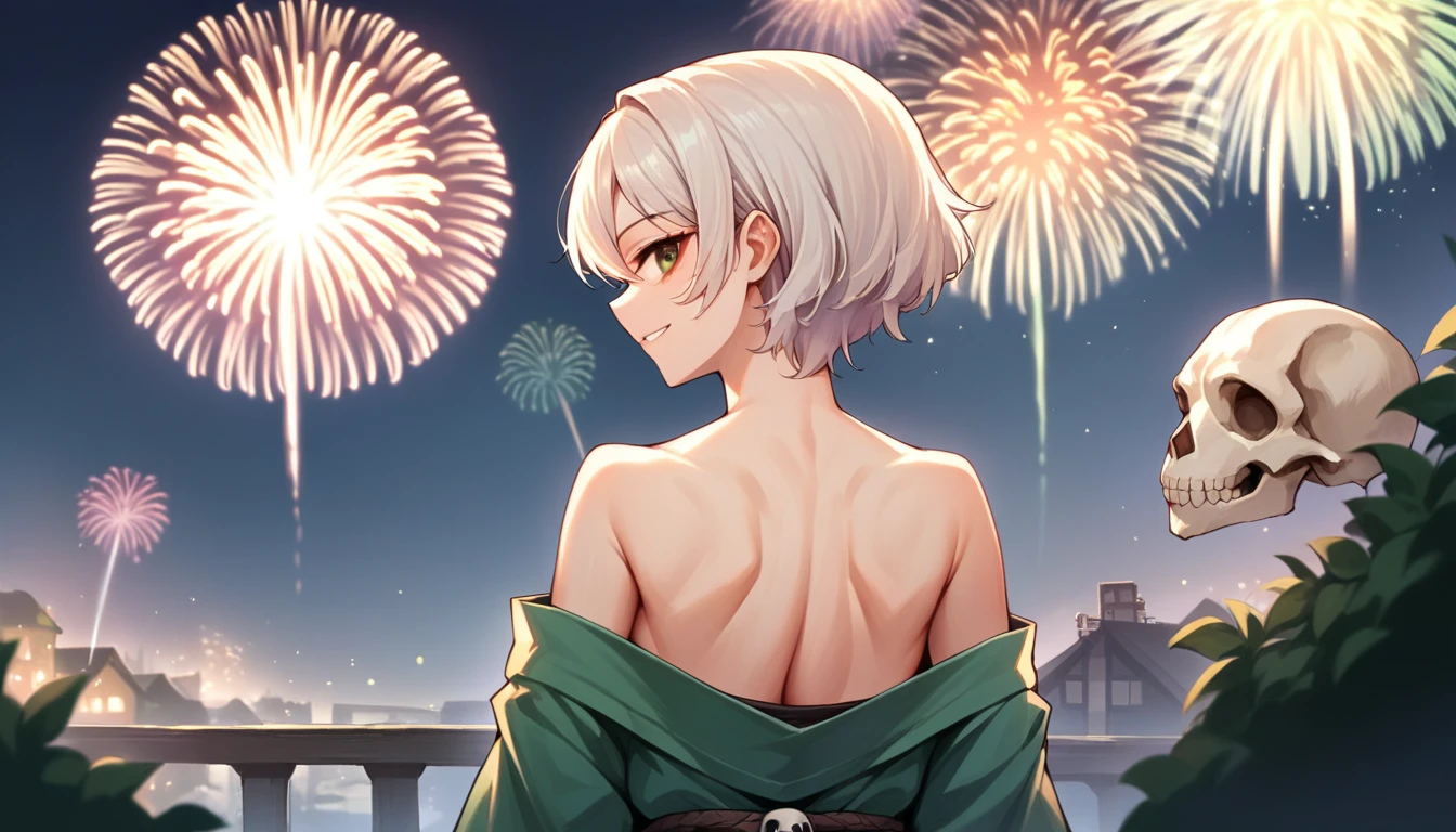 score_9, score_8_up, score_7_up, source_anime, from behind, solo, 1girl, odelschwanck, smile, looking back, skull, green kimono, off shoulder, bare shoulders, backboob, Fireworks