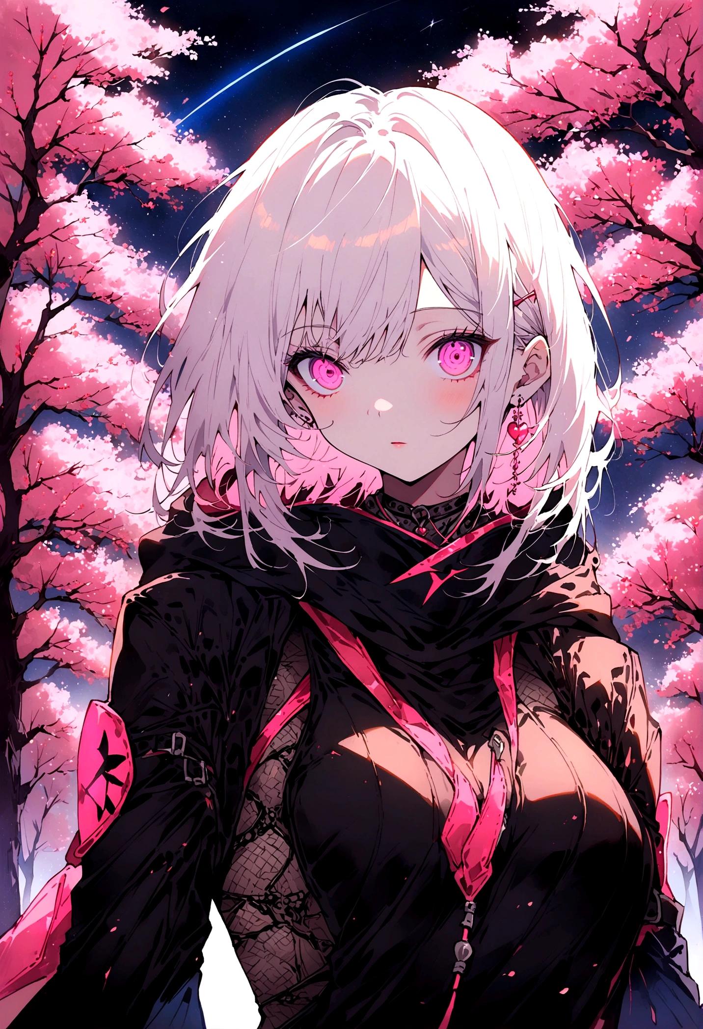 Neon, ( a girl wearing a dark black ninja suit with hood), leather suit, suit that emanates bright pink light, bright pink eyes, very detailed eyes, white hair, perfect anatomy, ((Japanese cherry trees in the background)), the Trees have luminous leaves and fall in the breeze, bright, (neon lights protrude from the suit), night, nocturnal. high image quality, 8k, HD, intricate, very detailed image, very sharp, luminous neon