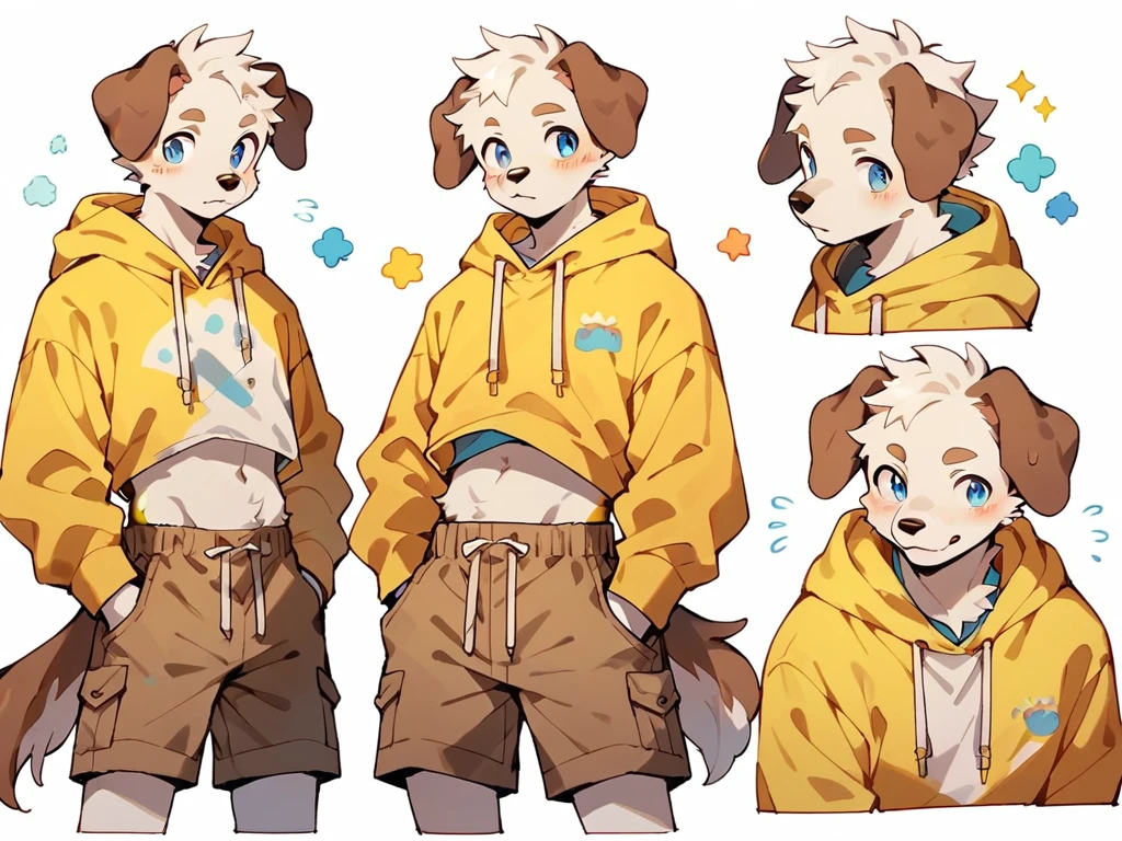 score_9, score_8_up, score_7_up, high quality, hires, anthro, male, domestic dog, folded ears, white fur, brown ears, mostly white fur, blue eyes, yellow hoodie, brown shorts, adult, white background,