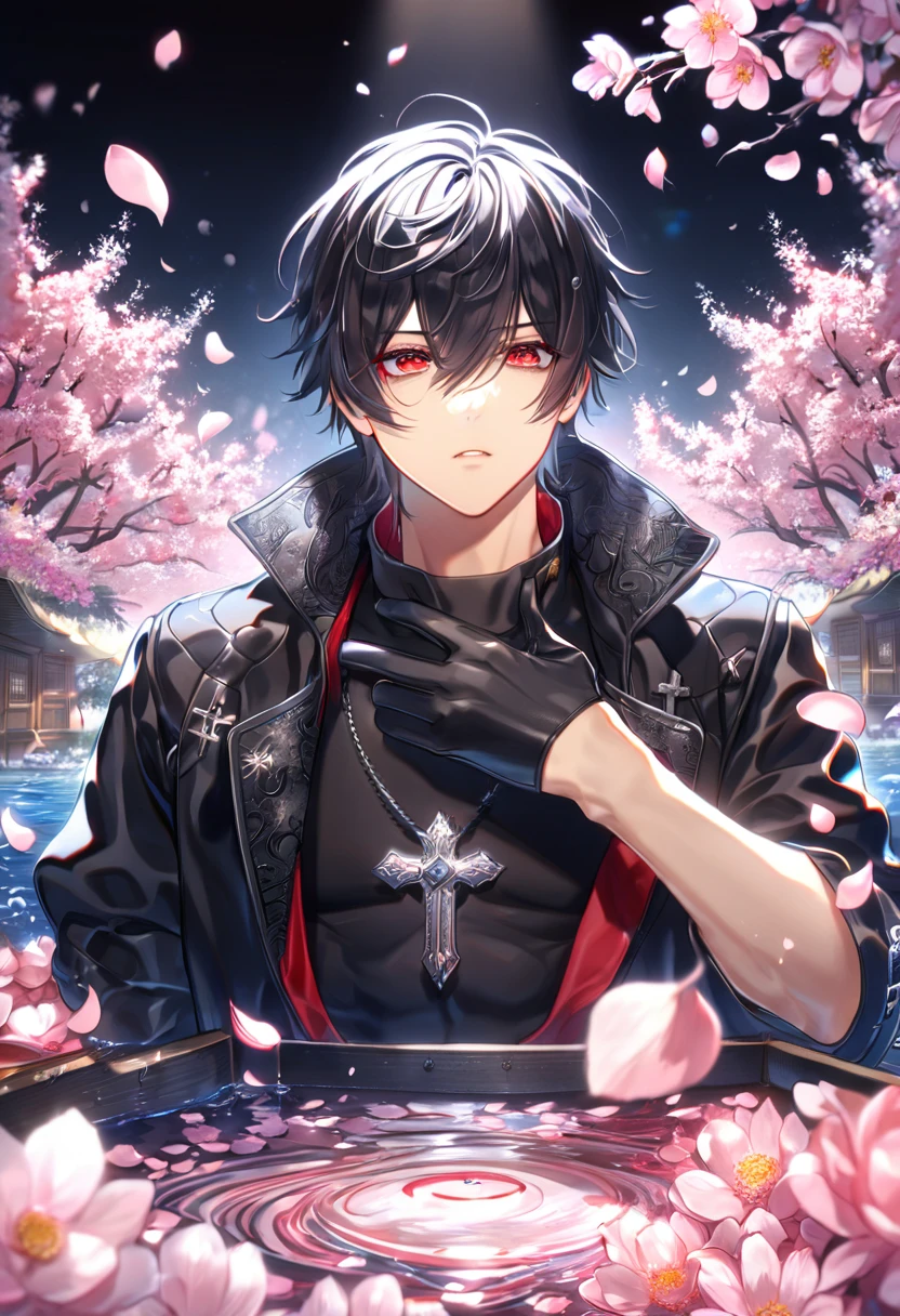 absurdres, highres, ultra detailed, HDR, master piece, best quality, Shiki, black hair, expressive red eyes, Togainu No Chi, solo, sexy man, handsome, black leather coat, black tight shirt, black gloves, silver cross necklace, fantasy, shining, water, pink flowers, blossoms, magical, pink petals