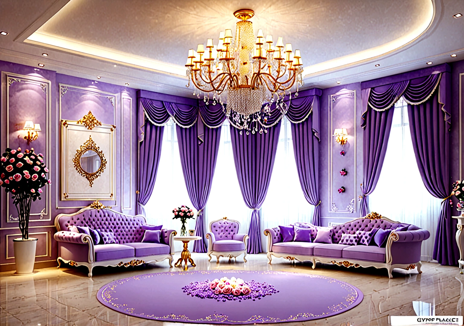 Create a stylish and gorgeous European palace room. The room should include a large table for decorations and a wall，Roses on the wall，Lavender，Gypsophila decoration. There is a literary style floor lamp on the ground.Bright lights in the room，Soft light, Make the space feel open and bright. Incorporate simple decorative elements，Enhance modern aesthetic.Front view，Head-up，Super Detail，High-definition photography