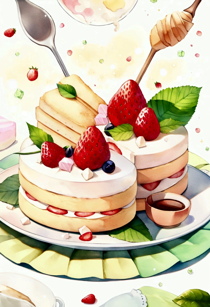 (pastel colors:1.2)、(Cute illustrations:1.2)、(watercolor painting:1.2)、White background、Floral、Green Leaf、strawberry, fruit、shortbread、citric acid、acid、甘acidっぱい、Overall light pinkish green,、Nonsense、Bread、cooking、Cup cake、Tiramisu、Cream cake、candy、afternoon tea、Sweet、Light Particles、drink、ice cube、still life photography