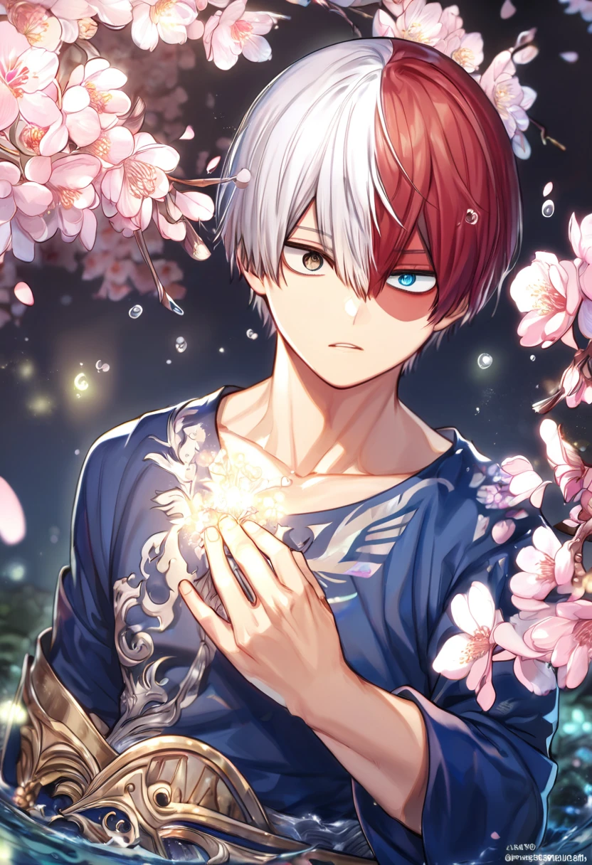 Ultra detailed, highres, absurdres, HDR, master piece, Todoroki Shouto, bicolor hair, right side is white, left side is red, heterochromia, right eye is grey, left eye is blue, Boku No Hero Academia, fantasy, pink petals, water, pink flowers, handsome, sexy man, solo, best quality, blossoms, blue shining fireflies, blue clothes, magical, the word "Krozeria" is written on his shirt,